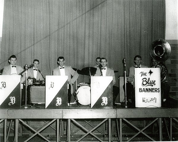 The Blue Banners Orchestra consisted of, back row, Lowell Thompson and Leroy Van Proosly and, front row, Don Johnson, Donald Fischer, Eslie Bergstrom, Douglas Guenther and Lloyd Allen. - Provided