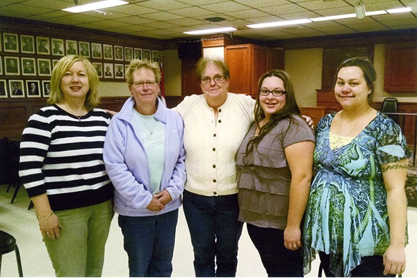 Ritual President Carolyn Brennigan welcomes Cindy Golbuff, Julie Scherb, Sarah Jo Schaper and Nancy Luna to the Eagles Aerie Auxiliary No. 2258. - Provided