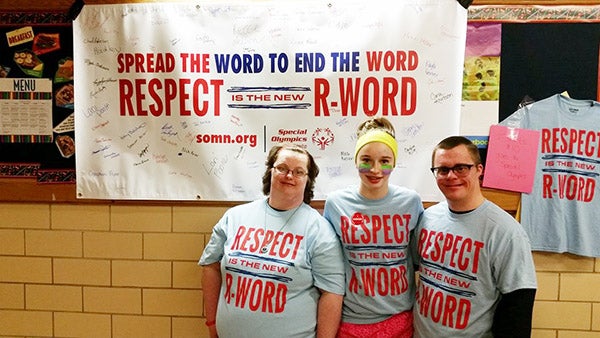Kennedy Severtson, Kellen Kaasa and Donna Davis sponsored the Respect Is The New R-Word campaign at the Glenville-Emmons School. People signed the banner to pledge to stop using the R-Word. The campaign asked people to stop using the word retarded to create more accepting attitudes and communities for all people. Language affects attitudes and attitudes affect actions. They also sold T-shirts to raise money for the Special Olympics games in which Davis and Kaasa will participate in this summer. - Provided