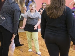 Rosemary Szymanski gets ready to do some line dance exercises during an adaptive dance class at Just For Kix. — Colleen Harrison/Albert Lea Tribune