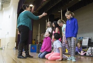 Deidre Cochran with Prairie Fire Children’s Theatre directs a group of Hawthorne Elementary School students for an upcoming production of “Pinocchio” on Friday. - Sarah Schultz/Albert Lea Tribune