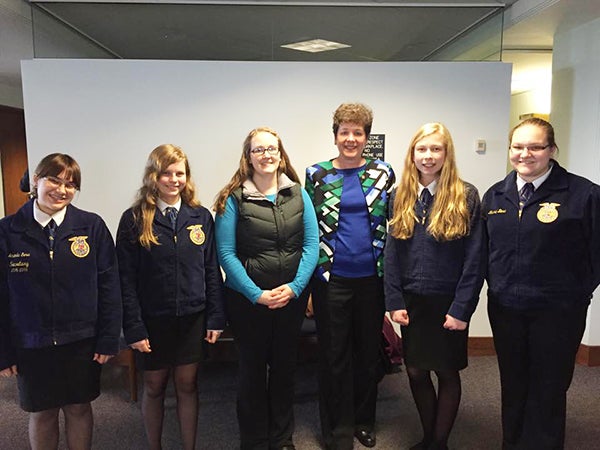 Albert Lea FFA instructor Christina Ebeling and students Rylee Bjorklund, Rachel Bera, Amanda Bera and Ali Hagen visited District 27A Rep. Peggy Bennett, R-Albert Lea, Thursday in her office at the Capitol.  -Provided