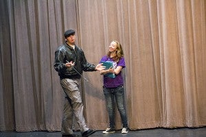 Laddy Benes plays Eddie Van Diamond and Faith Kauffmann plays Gloria Daily and is a student director in United South Central’s production of “Hurricane Smith and the Garden of the Golden Monkey.” - Sam Wilmes/Albert Lea Tribune