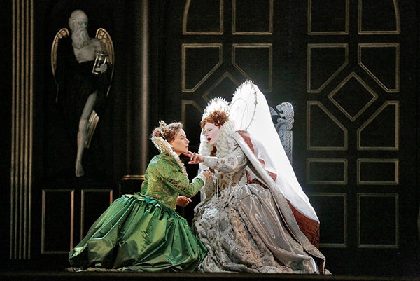 Elīna Garanča plays Sara and Sondra Radvanovsky plays Queen Elizabeth I in Donezetti’s “Roberto Devereux.” - Ken Howard/Metropolitan Opera