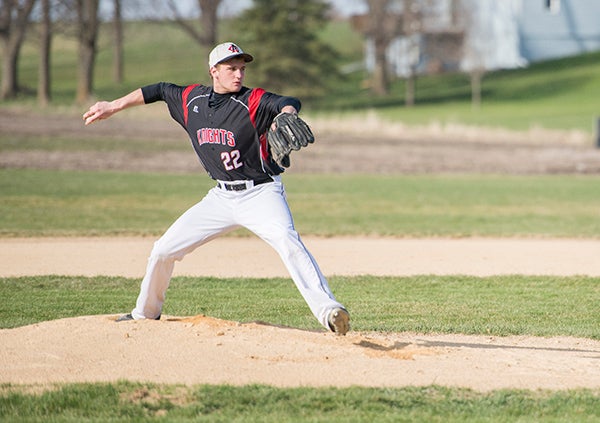 Alden-Conger’s Gavin Steele throws out a pitch during Thursday’s game against Lyle-Pacelli in Alden. - Colleen Harrison/Albert Lea Tribune