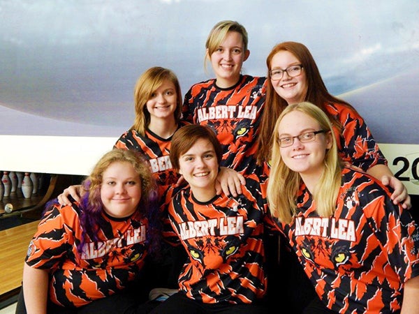 The Albert Lea High School bowling team finished with a season record of 7-9. The team average was 142 per game, and there were nine teams in the Southeast conference this season. Pictured, front row, from left are Tiffany Hallisy, Makena Hall and Cassie Deal Rasmussen;  and back row, from left, are Rachel Riechl, Mattie Lestrud and Angela Riekens. Riekens made Second Team All Conference; and Hallisy, Riechl and Hall made Third Team All Conference. Those four will bowl at New Hope for the girls’ all conference championship on Sunday. The Albert Lea team in the first five seasons of girls-only high school bowling has gone to the state tournament each season and has placed first, second, third, fifth and 13th. The team is coached by Loren Kaiser. - Provided