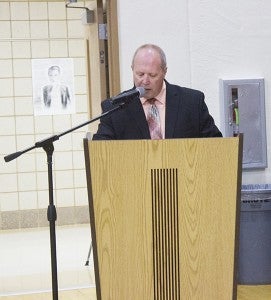 Head of the Wall of Inspiration committee Jim Haney presents the inductees Friday at Albert Lea High School. - Sam Wilmes/Albert Lea Tribune