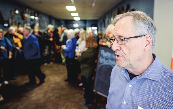Dennis Schminke talks about some of the things he would like to get accomplished if elected, Thursday afternoon at Piggy Blues. - Eric Johnson/Albert Lea Tribune