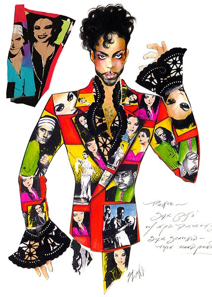 This costume designed by Stacia Lang was a 2-piece pajama ensemble. Photos of Prince’s band, the New Power Generation, were transferred onto silk charmeuse, and then color was hand-painted on. A swatch of the real fabric is up in the left corner. Prince wore silk suits they called “pajamas,” because of the seemingly informal and soft structure they had. Provided