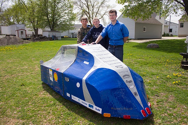 Team members Riley Petersen, Isaac Sorensen and Strauss Langrud have used their extensive experience to help the Alden-Conger supermileage team become elite. - Sam Wilmes/Albert Lea Tribune