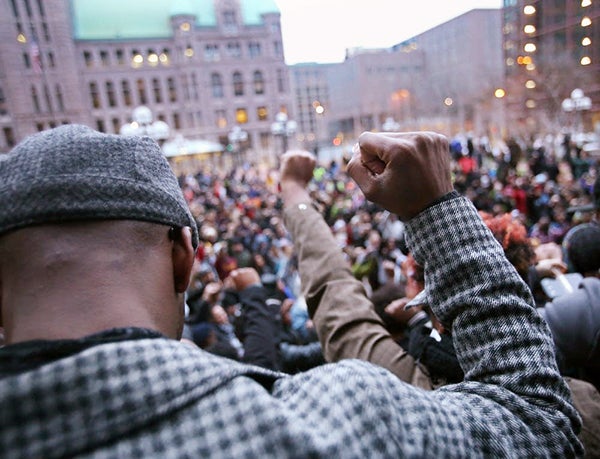 Hundreds of demonstrators gathered at the Hennepin County Government Center to protest Freeman’s decision not to charge the officers involved in the shooting death of Jamar Clark. - Judy Griesedieck/For MPR News
