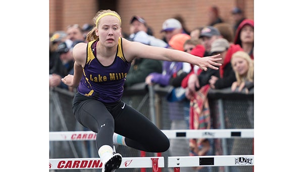 Lexi Groe got her shuttle team off to a good start. Teammates Dana Baumann, Mallory Wilhelm, and Brianna Holstad will join Groe at the state meet in the shuttle hurdles. Groe also won the 100-meter hurdles Thursday, and will compete in that event at the state meet.
