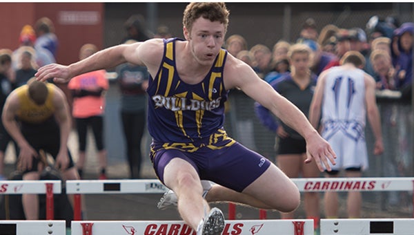 Lake Mills’ Charlie Dugger runs the first leg of the shuttle hurdles Thursday at the district meet in Garner, Iowa. Dugger, Grant Fjelstad, Grant Boehmer and Max Bergo are part of the team that has advanced to state. Lory Groe/Albert Lea Tribune