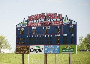 The brand-new scoreboard was used for the first time at Hayek Field Thursday as the Albert Lea Tigers hosted the Rochester Mayo Spartans. Albert Lea won the game in nine innings, 6-5.