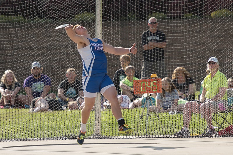 Northwood-Kensett senior Tom Yezek launches the discus at the Iowa high school state track and field meet Friday afternoon. Yezek set a state record at  Iowa high school state meet with a throw of 197-05.
