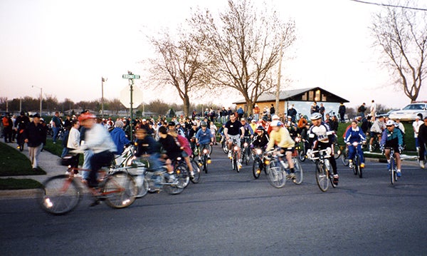 A flood of riders takes off in a former Freeborn County Bike-A-Thon take off from the warming house near Sibley Elementary School. - Provided