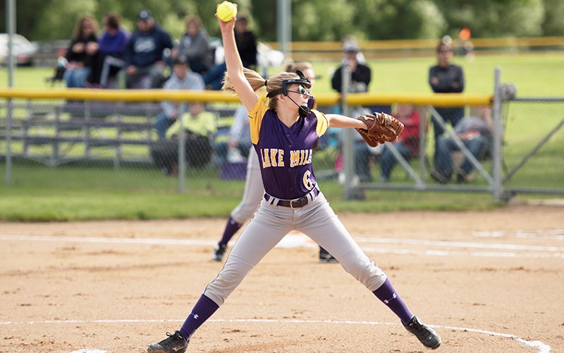 Jade Gasteiger of Lake Mills pitches in the circle for the Bulldogs during Wednesday’s game against Eagle Grove in Lake Mills. The softball game’s results were unavailable as of press time. - Lory Groe/Albert Lea Tribune