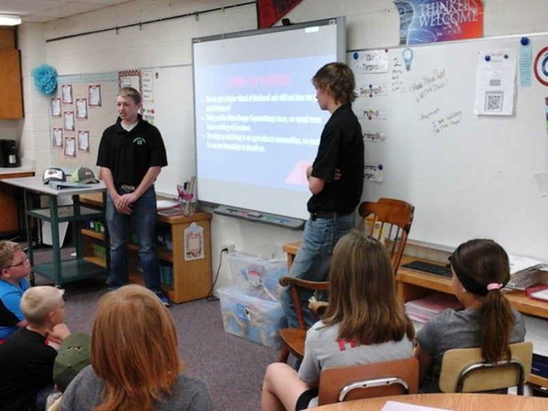 Levi Sorensen and Gage Sailor presented their 4-H Science of Agricultural project to fourth- and fifth-grade students at Lakeview Elementary and to third- through fifth-grade students at Hawthorne Elementary on June 2. Isaac Sorensen and Levi Sorensen from the Alden 4-H Club and Logan Sailor and Gage Sailor from the Conger 4-H Club are a part of a 4-H Science of Agricultural project. They did an experiment to find the most efficient blend of biodiesel for small engines. They will be presenting their experiment to a panel of judges June 22 in the Twin Cities. - Provided
