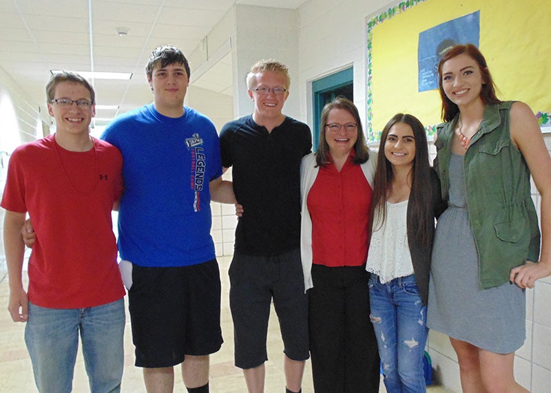 Stephen Rath, Laddy Benes, Thomas Mantor, Principal Joanne Tibodeau, Bethany Koziolek and Lauren Allis took advantage of the opportunity to take a photo when five of the students from the St. Casimir’s Catholic School eighth grade class of 2012 returned for a surprise visit on their last day of school at United South Central High School. Kendall Stenzel and Konrad Hawkinson are two more St. Casimir’s School alum that graduated with the 2016 class at USC. Provided