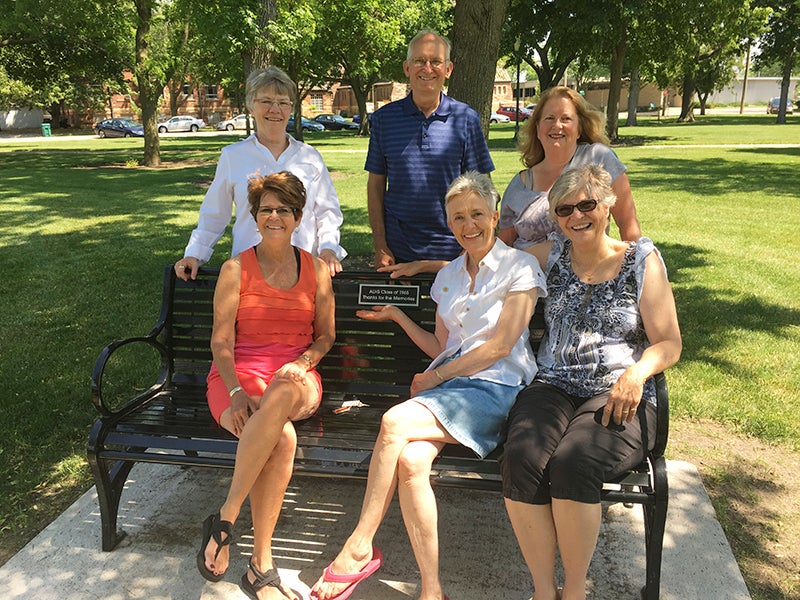 The Albert Lea High School class of 1965 recently donated a bench in Central Park. The project came through the group’s 50th class reunion. Class members contributed to pay for the bench. Pictured are seated, from left, Beth Tostenson, Geeg Aaker and Sandy Stephens and standing Janice Hammer, Paul Steiler and Linda Gonzalez. The location for the bench was chosen because Central Park was a gathering spot for open lunch and after school when ALHS was on Clark Street. The park was used for the prom promenade. -Provided