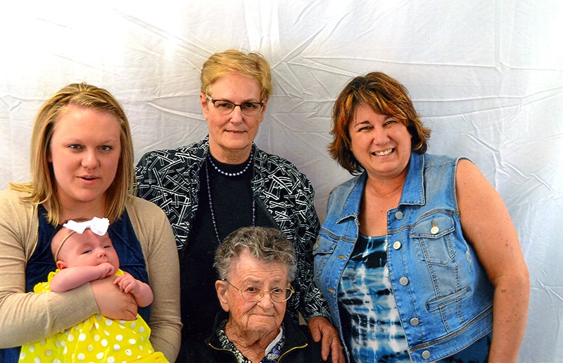 Eleanor Pedersen of Albert Lea, sitting, poses with her daughter, Carol Zell, of Bloomington; granddaughter, Lisa Hallbeck, of Zimmerman; great-granddaughter, Taylor Jacobs, of Lakeville;  and great-great-granddaughter, Eleanor Jacobs, of Lakeville for a five generations photo. The picture was taken at Eleanor Pedersen’s 101st birthday party at St. John’s Lutheran Community. - Provided