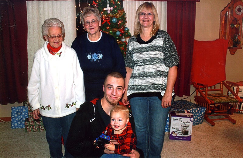 Great-great grandmother Helen Brandt, great-grandmother Ruth Flaskerud, grandmother Michelle Vangen and father Zachery Vangen gather for a photo with a member of the next generation of their family, Grant Vangen. Provided