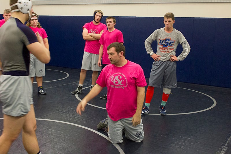 Routh coaches his group of wrestlers Dec. 13 at United South Central. - Sam Wilmes/Albert Lea Tribune