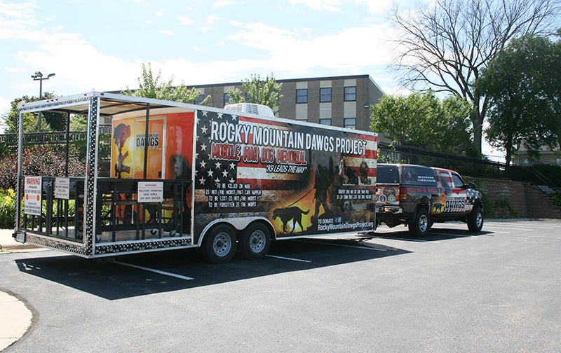 The Rocky Mountain Dawgs Project trailer sits in the parking lot of St. Theodore’s Catholic School, where it did during Kevin Sonka’s visit to Albert Lea during the Fourth of July weekend. - Emily Wangen/Albert Lea Tribune