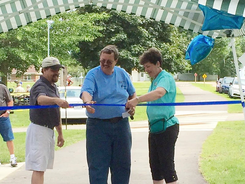 The city of Hayward had a special ribbon-cutting ceremony for its end of the Blazing Star Bike Trail on Sunday. Hayward Mayor Mike Hansen, Rep. Peggy Bennett, R-Albert Lea, local pastor Joshua Enderson, bike committee members and Department of Natural Resources representatives were among those present. -Provided