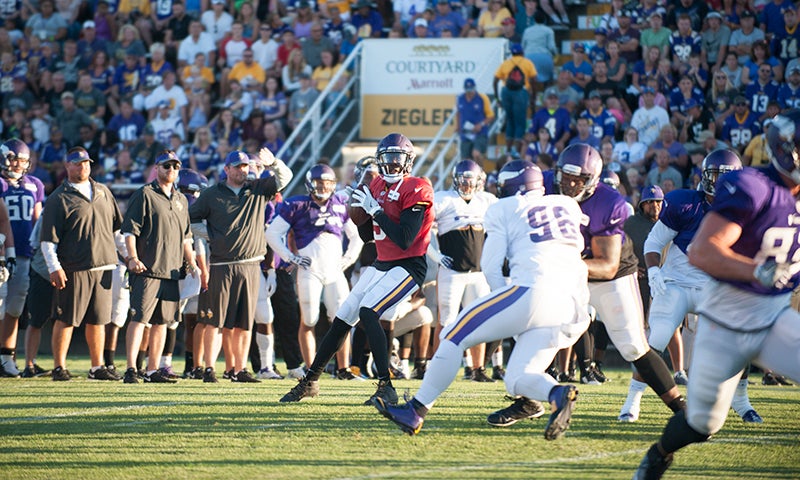 Minnesota Vikings quarterback Teddy Bridgewater drops back to pass during Saturday’s scrimmage. He ended up finding tight end Kyle Rudolph for a touchdown on the play.