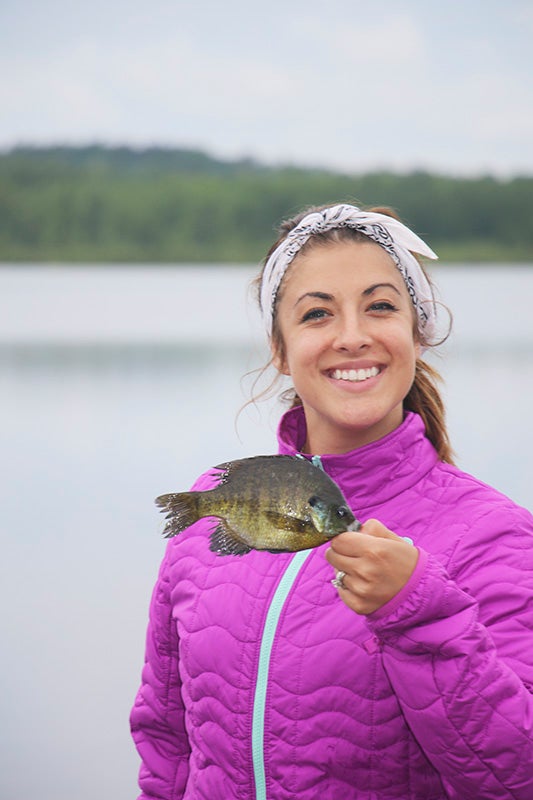Emelia Gaudian is pictured with a bluegill caught July 5 on Lake Vermillion in northern Minnesota. Gaudian lives with her husband, Carl, and their children on a farm north of Hayward. - Provided