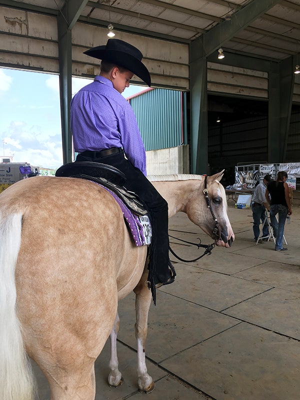 Janssen and Reese, whose registered name is "Y Not Be Impulsive," take a moment to themselves in between competing at the Palomino Horse Breeders Association World Championship Show in July. - Provided