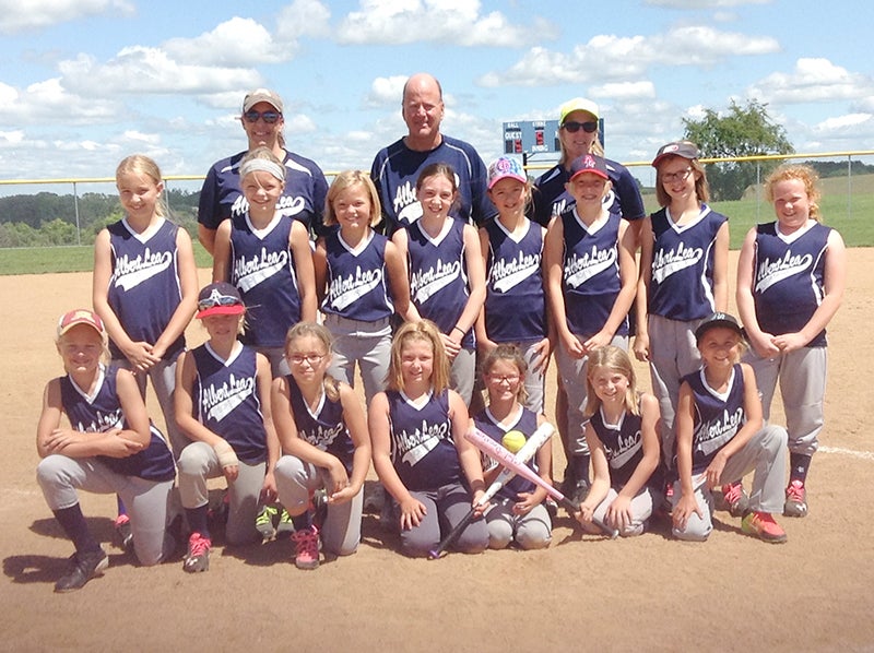 The Albert Lea 10U Navy fastpitch softball team recently finished the Blooming 10U Little Ladies League with a record of 10 wins, eight losses and two ties including two wins in the season-ending league tournament at Kasson. In front row, from left, are Shelby Evans, Mika Cichosz, Isabella Gilderhus, Paige Monson, Alexis Jones, Maggie Johnson and Emery Nelson. In middle, from left, are Maddy Sevcik, Zoe Kokot, Sydney Kokot, Addison Dirkes, Ashlyn Berven, Jessica Vogt, Olivia Kohn and Jenna Balfe. In back, from left, are Coaches Brandi Dirkes, Tom Jones and Nancy Jones. Provided