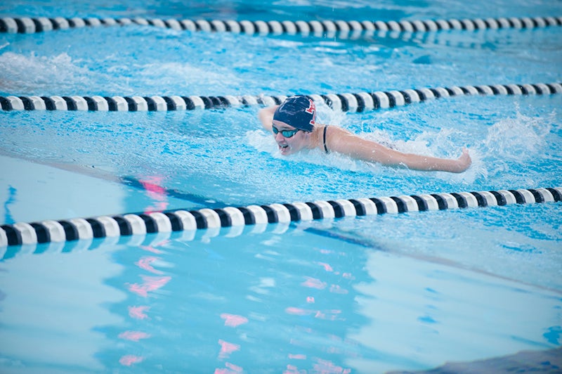 Albert Lea sophomore Emily Taylor swims in the 100-meter breastsroke  during Thursday’s meet against Rochester Mayo. She won the event with a time of 1:12.50.