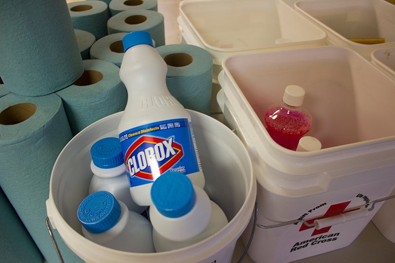 Cleaning supplies were available at the resource center Monday at United Methodist Church in Albert Lea. — Sam Wilmes/Albert Lea Tribune