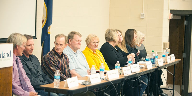 Nine out of 10 Albert Lea School Board candidates participate in a forum Thursday at Riverland Community College. - Jarrod Peterson/Albert Lea Tribune