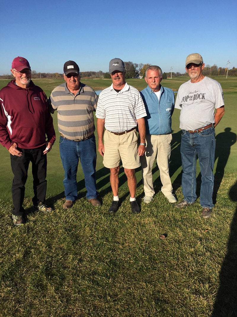 From left, Dave Lundak, Ron Hansen, Mike Dorman, Dick Diggins and Terry Peterson golfed Wedgewood Cover Golf Course Nov. 4. Dorman knocked in a hole-in-one on the 14th hole. Provided