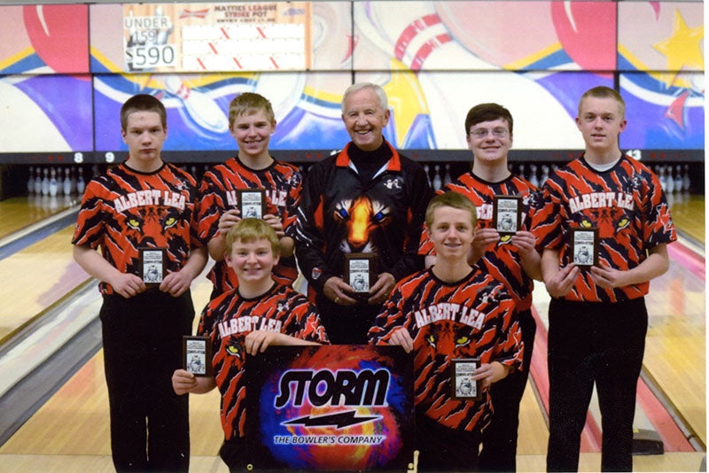 On Dec. 4, the Albert Lea junior varsity bowling team took ninth place at the state tournament at Concord Lanes in St. Paul. The team won nine of 11 two-game matches to be named consolation champions. From left, front row Brandon Espe and Scott Gilbertson. From left, back row Spencer Larson, Blake Grunzke, coach Loren Kaiser, Landon Kirchner and Caden Reichl. Provided 