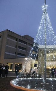 The tree is lit Sunday evening in front of Mayo Clinic Health System in Albert Lea on Fountain Street as part of the annual Set Memories Aglow. The event is a fundraiser for the hospice program. — Sarah Stultz/Albert Lea Tribune