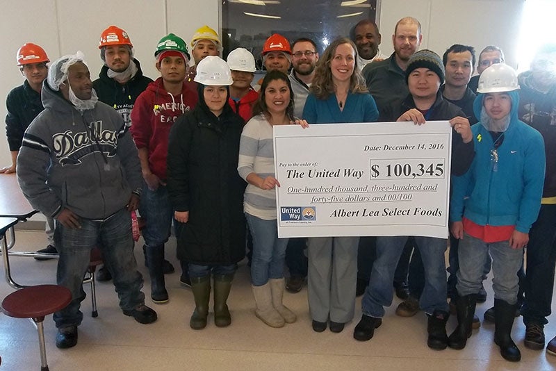 The employees at Albert Lea Select Foods raised over $100,000 for the United Way of Freeborn County for a third year in a row. The donations will support 27 local programs throughout 2017, focusing on the areas of education, income and health as well as basic needs. - Provided