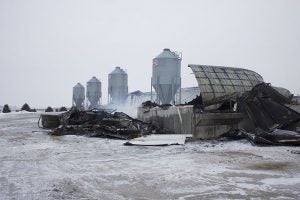 A pig barn was destroyed Saturday in a barn fire southeast of Hartland. — Sam Wilmes/Albert Lea Tribune