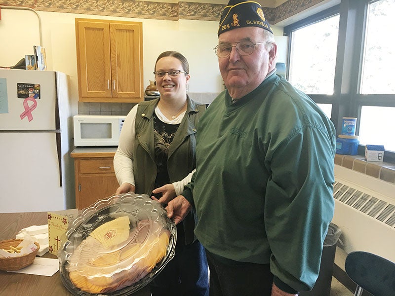 Glenville and Emmons American Legion member Laverne Walhelm presented Glenville-Emmons High School  United States History teacher Sarah Gehring with a meat and cheese tray in recognition and appreciation of American Education Week. The legion provided a meat and cheese tray for Glenville-Emmons Elementary School as well. - Provided