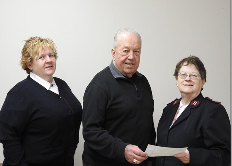 Robert Dammen of the Masonic Lodge presents a check to Maj. Elise Cline and Marilynn Lancaster of The Salvation Army. Lodge members rang bells for The Salvation Army and submitted a grant for matching funds through its national office. Provided