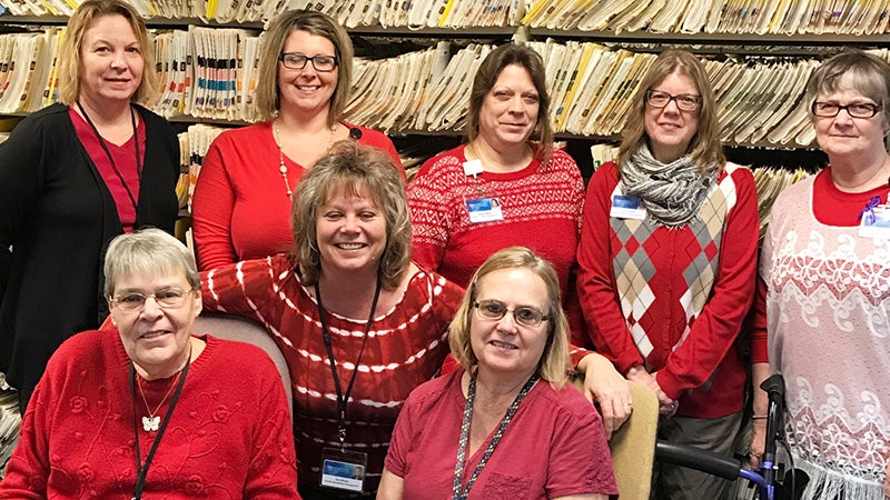 The Mayo Clinic Health System document imaging team in Albert Lea dress in red to demonstrate their support of the Go Red For Women campaign. Go Red for Women is the American Heart Association’s national movement to raise awareness of heart disease and stroke in women. -Provided