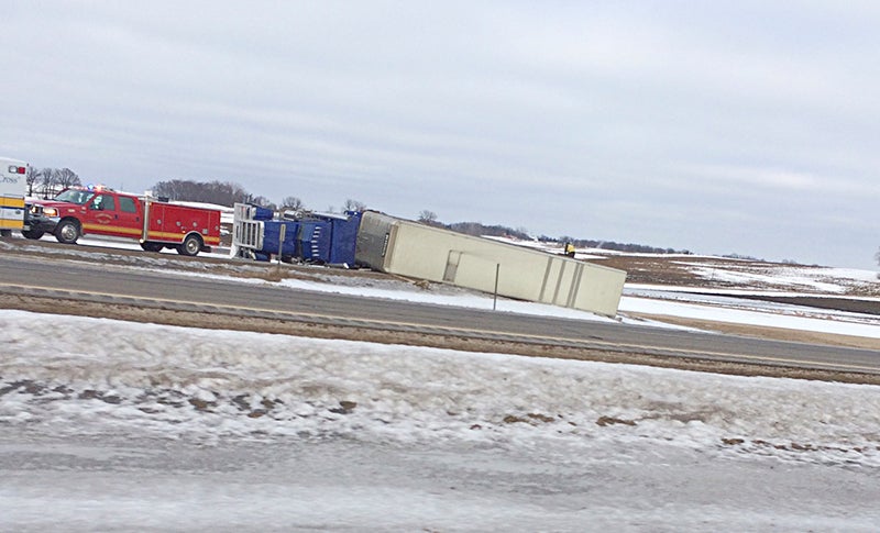 A semi full of pigs was reported rolled over at about 3:30 p.m. Tuesday at the intersection of interstates 35 and 90.  According to a press release, the driver of the semi was Dustin Dewild, 26, of Orange CIty, Iowa. Dewild was transporting 2,400 piglets for Riggs Trucking out of Magnolia.  - Sam Wilmes/Albert Lea Tribune