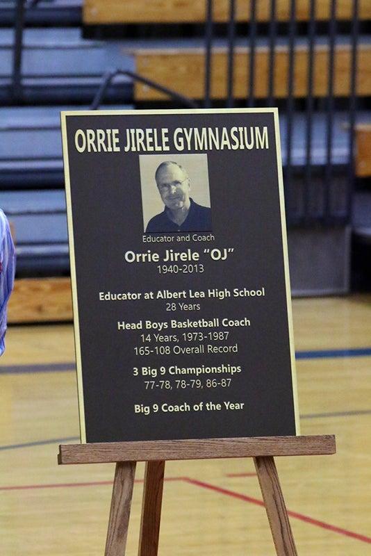 The gymnasium at Albert Lea High School was renamed Orrie Jirele Gymnasium before Albert Lea’s game against Austin on Saturday. Jirele was a coach at Albert Lea for 14 seasons and an educator for 28 years. - Provided